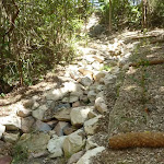 Rocky dry creek bed with bridge in Lily Pond Picnic Area in Blackbutt Reserve